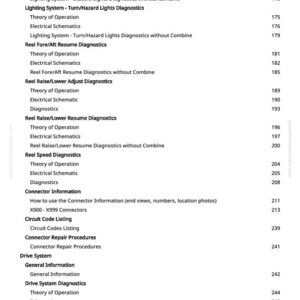 May include: A page from a manual with a table of contents. The text includes "Lighting System", "Electrical Schematics", and "Diagnostics". Page numbers are listed on the right side. The document is for automotive repair.