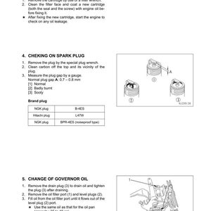 May include: A page from a manual detailing engine maintenance procedures. Sections include replacing the oil filter, checking spark plugs, and changing governor oil. Diagrams illustrate the steps, with measurements in millimeters and cubic centimeters.