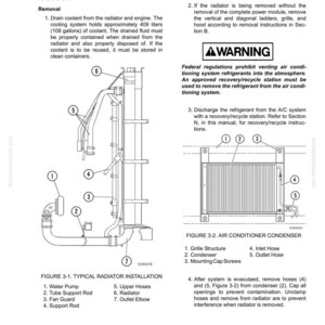 May include: Diagram illustrating a cooling system with a radiator and air conditioner condenser. The diagram includes labels for components like the water pump, hoses, and fan guard. Text provides instructions for coolant removal and refrigerant handling.