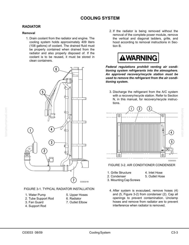 May include: Diagram illustrating a cooling system with a radiator and air conditioner condenser. The diagram includes labels for components like the water pump, hoses, and fan guard. Text provides instructions for coolant removal and refrigerant handling.
