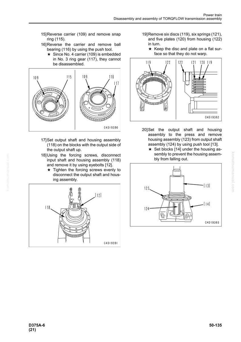 May include: Diagram of a TORQFLOW transmission assembly disassembly process. The image includes detailed illustrations of various components, including carriers, bearings, discs, springs, and plates, with numbered labels for each part.
