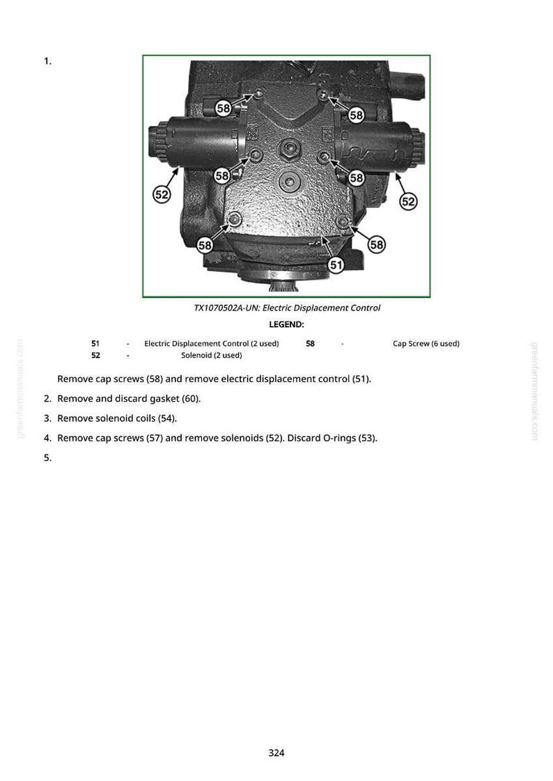 May include: Diagram of an electric displacement control unit, labeled with numbers and descriptions. The image includes a legend identifying components like solenoids and cap screws. Text at the bottom reads "TX1070502A-UN: Electric Displacement Control."