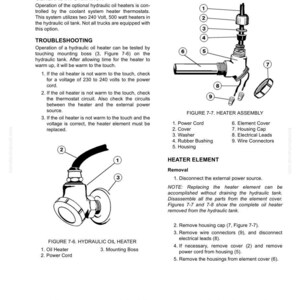 May include: Diagram of hydraulic oil heaters with labeled parts. Includes a heater assembly with power cord, cover, washer, rubber bushing, housing, element cover, housing cap, electrical leads, and wire connectors. Also shows a hydraulic oil heater.