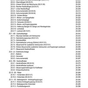May include: A detailed table of contents in German, listing various components and systems, including the chassis, electrical systems, and hydraulic systems. The document also includes sections on wheels, ballast weights, and wiring diagrams.