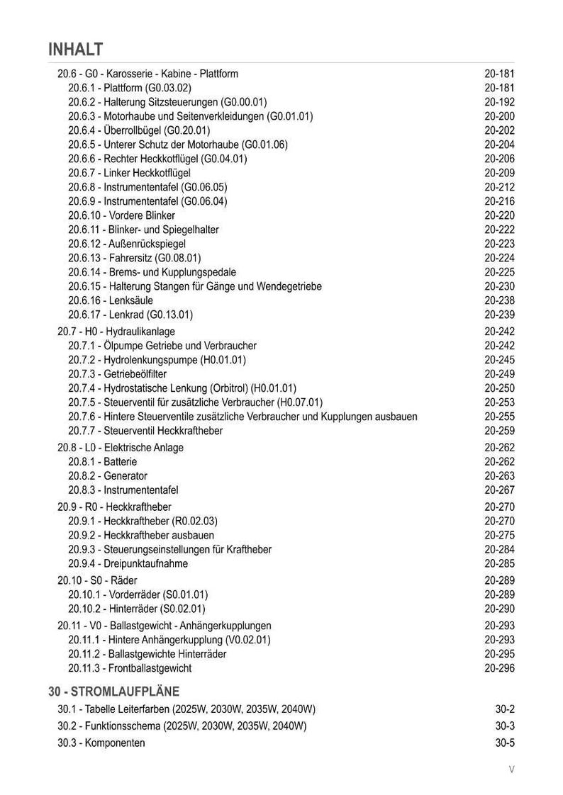 May include: A detailed table of contents in German, listing various components and systems, including the chassis, electrical systems, and hydraulic systems. The document also includes sections on wheels, ballast weights, and wiring diagrams.