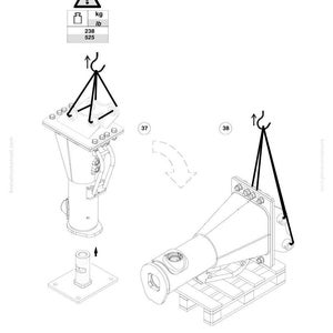 以下が含まれることがあります： コマツ機械部品の図。円筒形部品と円錐形部品が含まれ、どちらもケーブルで吊り下げられています。画像には重量情報が含まれています：238 kg。コマツのロゴが右上に見えます。