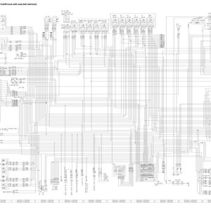 Pode incluir: Um diagrama el&eacute;trico detalhado em preto e branco para uma empilhadeira com intertravamento do cinto de seguran&ccedil;a. O diagrama inclui in&uacute;meras linhas, s&iacute;mbolos e r&oacute;tulos, fornecendo uma vis&atilde;o abrangente do sistema el&eacute;trico do ve&iacute;culo.