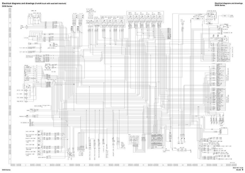 Pode incluir: Um diagrama el&eacute;trico detalhado em preto e branco para uma empilhadeira com intertravamento do cinto de seguran&ccedil;a. O diagrama inclui in&uacute;meras linhas, s&iacute;mbolos e r&oacute;tulos, fornecendo uma vis&atilde;o abrangente do sistema el&eacute;trico do ve&iacute;culo.