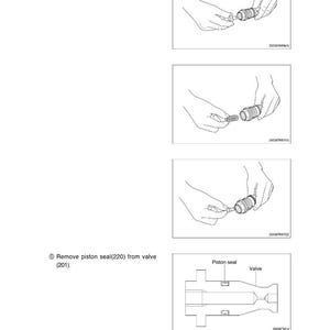Puede incluir: Diagrama en blanco y negro que muestra el desmontaje de una v&aacute;lvula. Los pasos incluyen la extracci&oacute;n de un retenedor de resorte, un resorte y una v&aacute;lvula, seguido de la extracci&oacute;n de un sello de pist&oacute;n. El texto est&aacute; incluido.