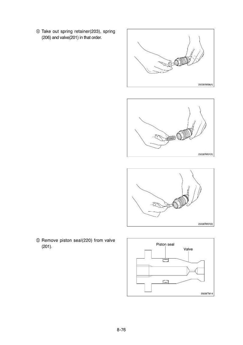 Puede incluir: Diagrama en blanco y negro que muestra el desmontaje de una v&aacute;lvula. Los pasos incluyen la extracci&oacute;n de un retenedor de resorte, un resorte y una v&aacute;lvula, seguido de la extracci&oacute;n de un sello de pist&oacute;n. El texto est&aacute; incluido.