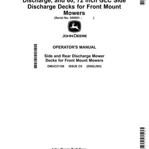 May include: A white operator's manual for John Deere front mount mowers. The cover features the John Deere logo and text indicating the manual covers side and rear discharge mower decks. The manual includes specifications for 60 and 72-inch decks.