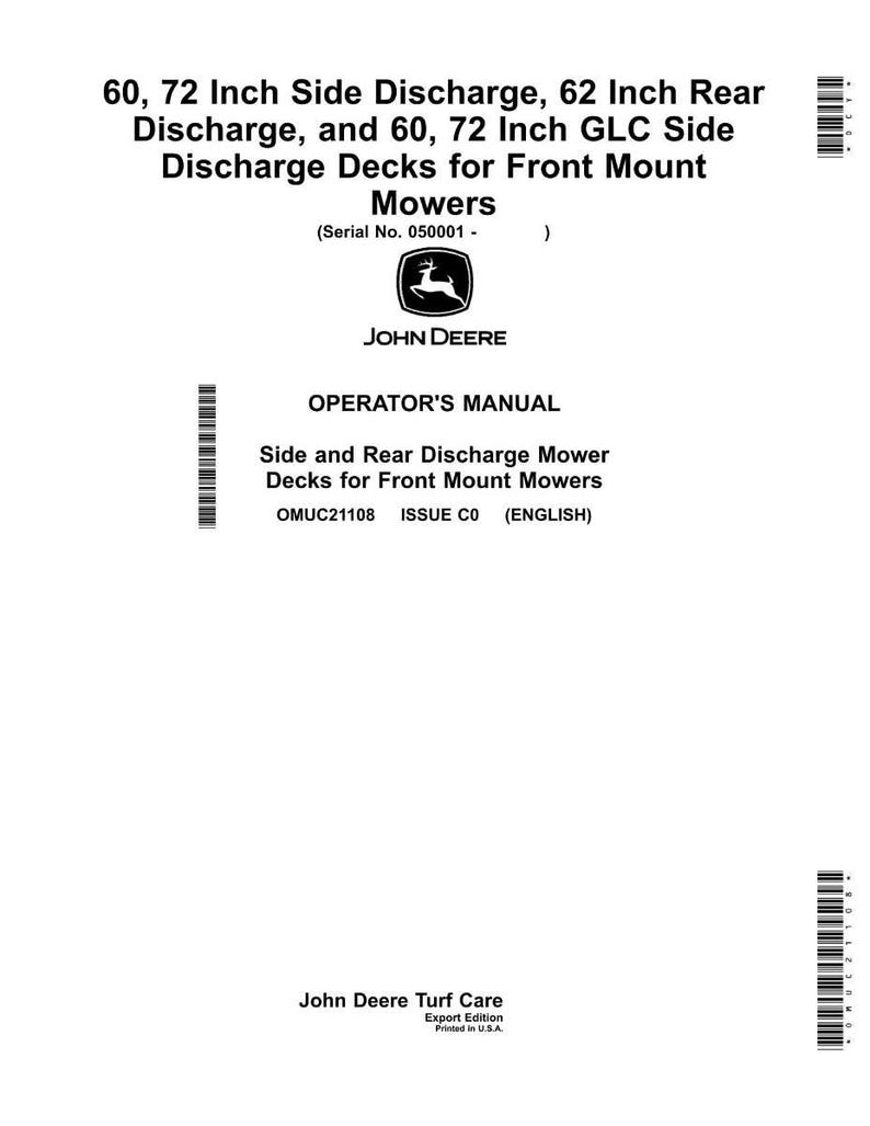 May include: A white operator's manual for John Deere front mount mowers. The cover features the John Deere logo and text indicating the manual covers side and rear discharge mower decks. The manual includes specifications for 60 and 72-inch decks.