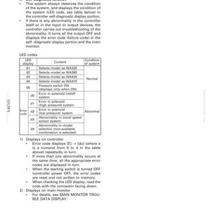 May include: A page from a manual detailing the self-diagnostic function of a system. It includes a table of LED codes, their content, and the condition of the system, with error codes and descriptions. The text is in English.