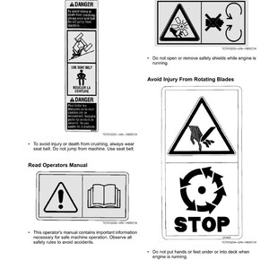 May include: A page of safety labels with black and white warning symbols. The labels warn against crushing, fan-related injuries, and rotating blades. Text includes "DANGER", "USE SEAT BELT", and "STOP". The page also advises reading the operator's manual.