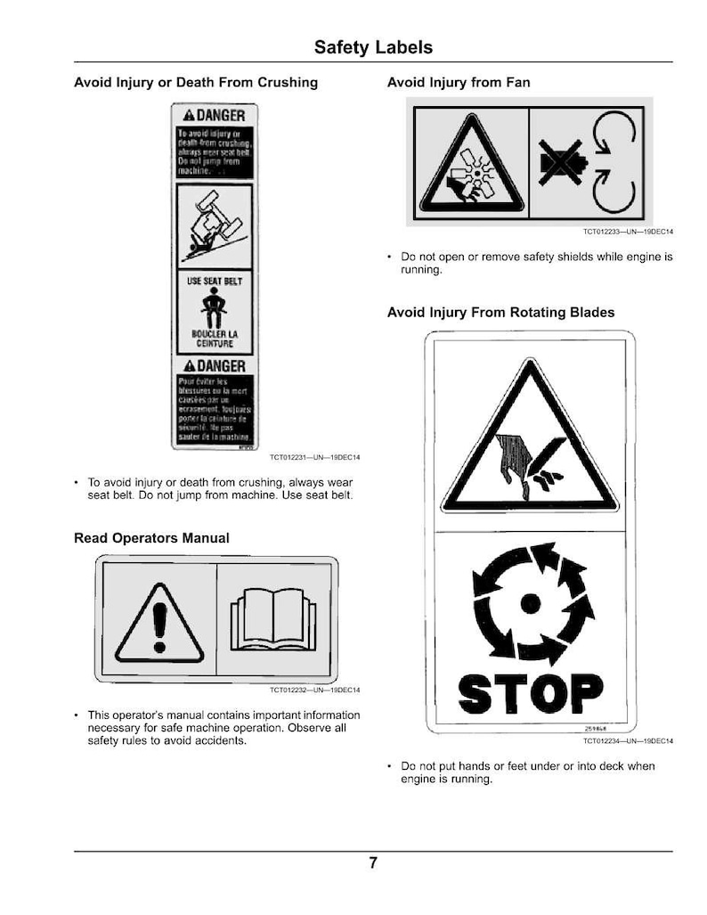 May include: A page of safety labels with black and white warning symbols. The labels warn against crushing, fan-related injuries, and rotating blades. Text includes "DANGER", "USE SEAT BELT", and "STOP". The page also advises reading the operator's manual.