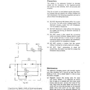 May include: Diagram of an alternator and starter motor, with text labels and a circuit diagram. Includes text about precautions and maintenance for the alternator, with a test circuit diagram for 15ACR, 17ACR, A115/45, and LR series alternators.