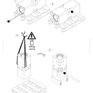 May include: An engineering diagram shows the assembly of a rectangular metal component. The diagram includes a warning symbol indicating a weight of 1477 lbs. The component is shown in various stages of assembly, including on a wooden pallet.