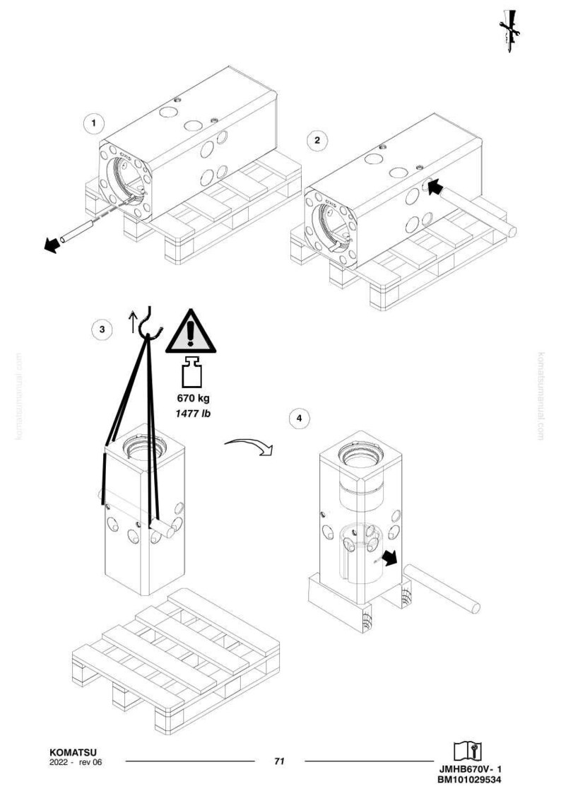 May include: An engineering diagram shows the assembly of a rectangular metal component. The diagram includes a warning symbol indicating a weight of 1477 lbs. The component is shown in various stages of assembly, including on a wooden pallet.