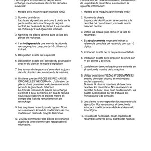 May include: A page from a manual with text in French and Spanish, detailing important notices and observations for spare parts orders. The text includes numbered lists and technical information.