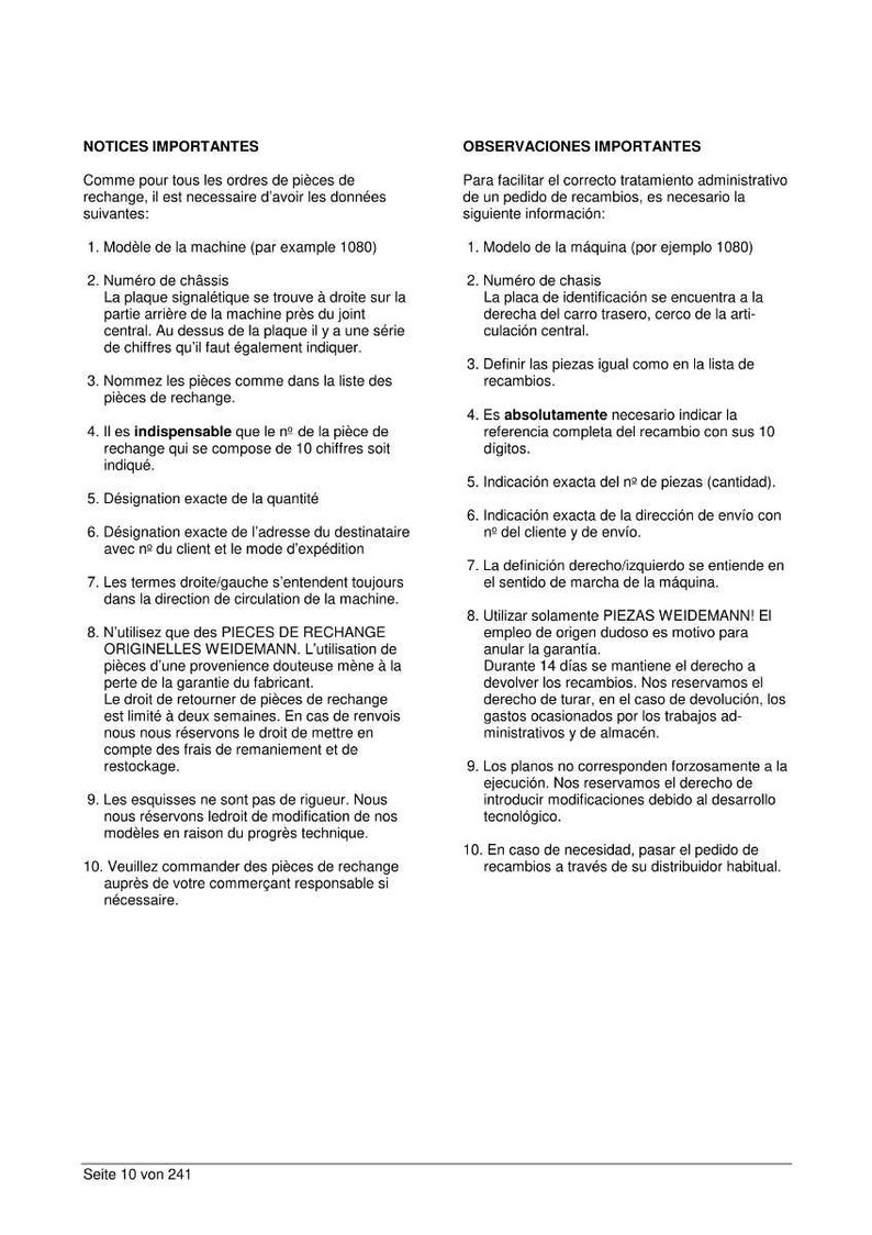 May include: A page from a manual with text in French and Spanish, detailing important notices and observations for spare parts orders. The text includes numbered lists and technical information.