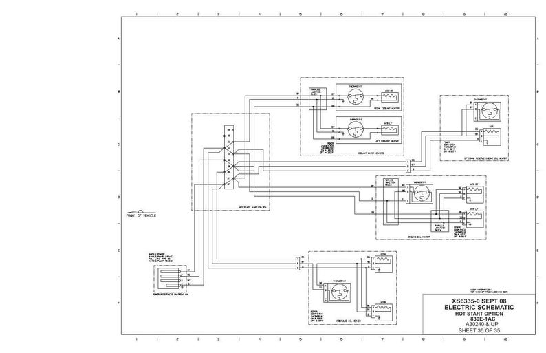 May include: A detailed black and white electric schematic diagram with text that reads "XS6335-0 SEPT 08 ELECTRIC SCHEMATIC HOT START OPTION 830E-1AC A30240 & UP SHEET 36 OF 36". The diagram includes various electrical components and wiring.