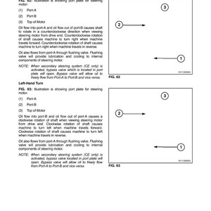 May include: Diagram of steering oil flow and brake system operation. The illustration shows port plates, labeled Port-A, Port-B, and Top of Motor, with arrows indicating oil flow direction for right and left-hand turns.