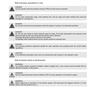 May include: A safety manual page from Argo Tractors, detailing hazardous situations and safety warnings. The page includes warnings about personal protection, entanglement, engine operation, hydraulic leaks, and electric shock.
