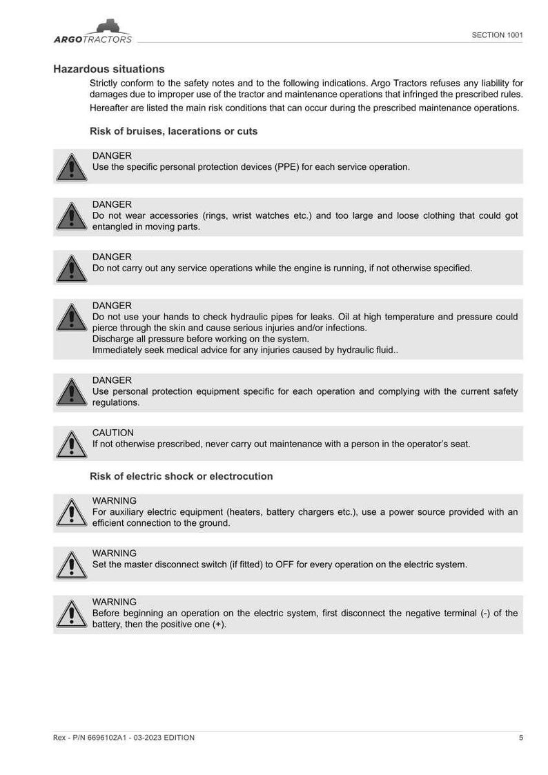 May include: A safety manual page from Argo Tractors, detailing hazardous situations and safety warnings. The page includes warnings about personal protection, entanglement, engine operation, hydraulic leaks, and electric shock.