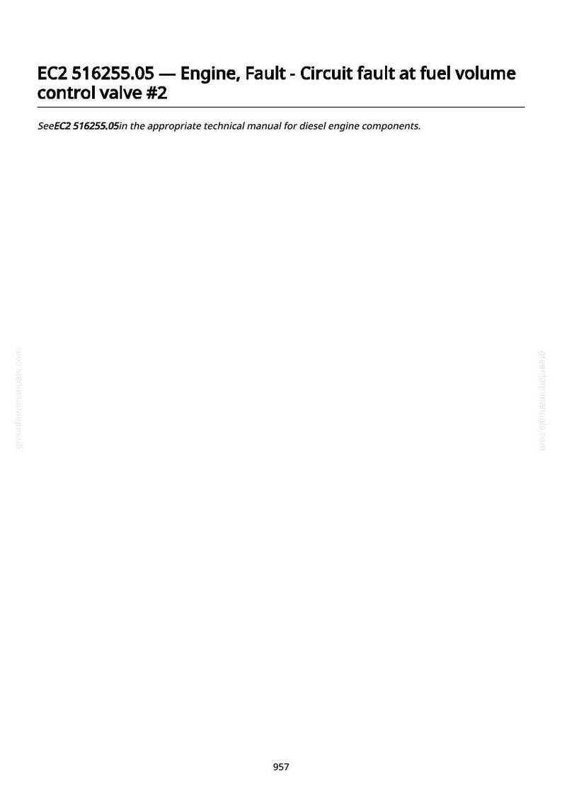 Pu&ograve; includere: Pagina bianca con testo nero che descrive informazioni sui guasti del motore. Il testo recita: EC2 516255.05 - Motore, Guasto - Guasto del circuito alla valvola di controllo del volume del carburante n. 2. Testo aggiuntivo.