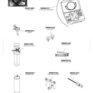 May include: A technical diagram showing various Komatsu tools, such as a hydraulic tester, pressure checking device, grease hand pump, and rust protector wax. Includes part numbers and labels.