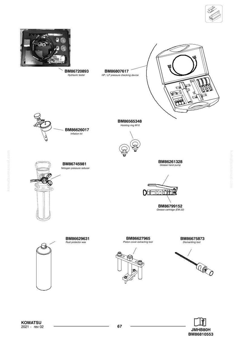 May include: A technical diagram showing various Komatsu tools, such as a hydraulic tester, pressure checking device, grease hand pump, and rust protector wax. Includes part numbers and labels.
