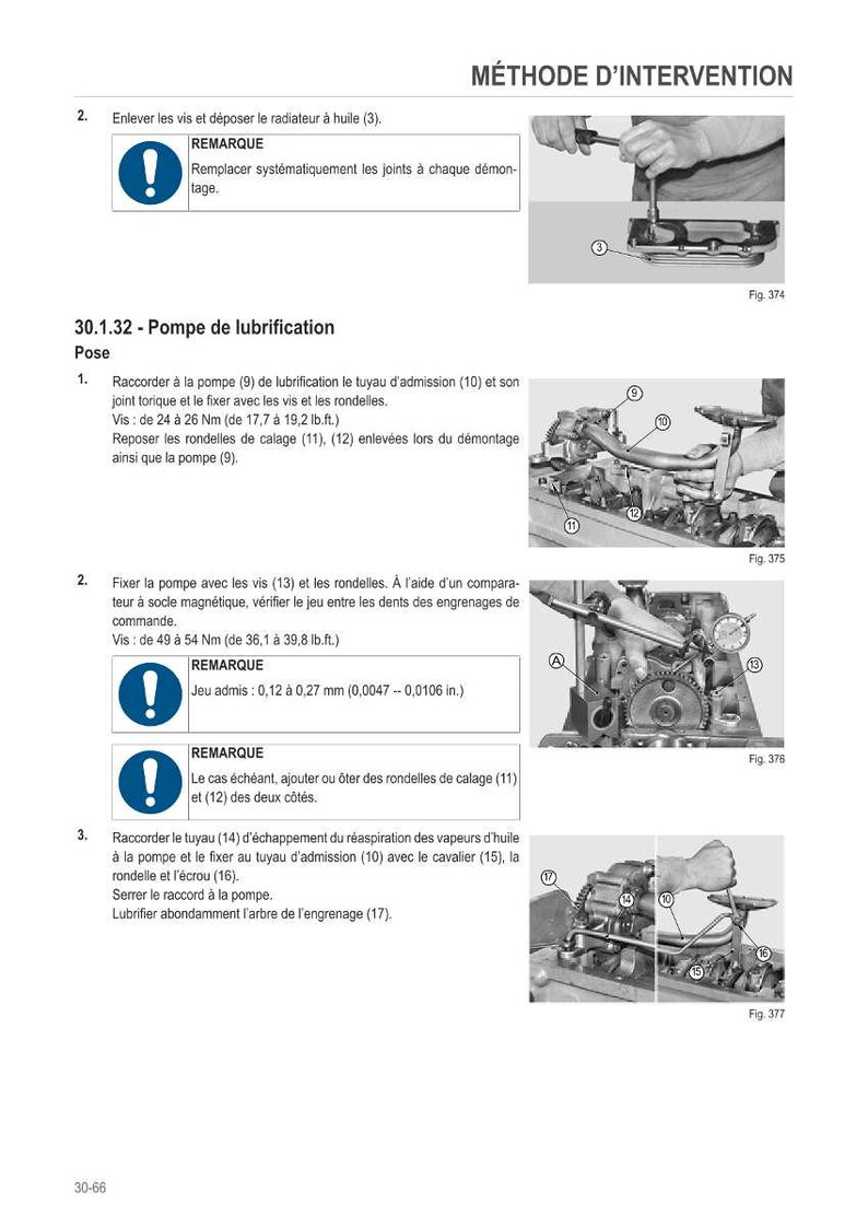 May include: Illustrated automotive repair guide with step-by-step instructions. Includes diagrams and text detailing the removal and installation of parts, such as the oil cooler and lubrication pump. Features torque specifications in lb.ft. and measurements in inches.
