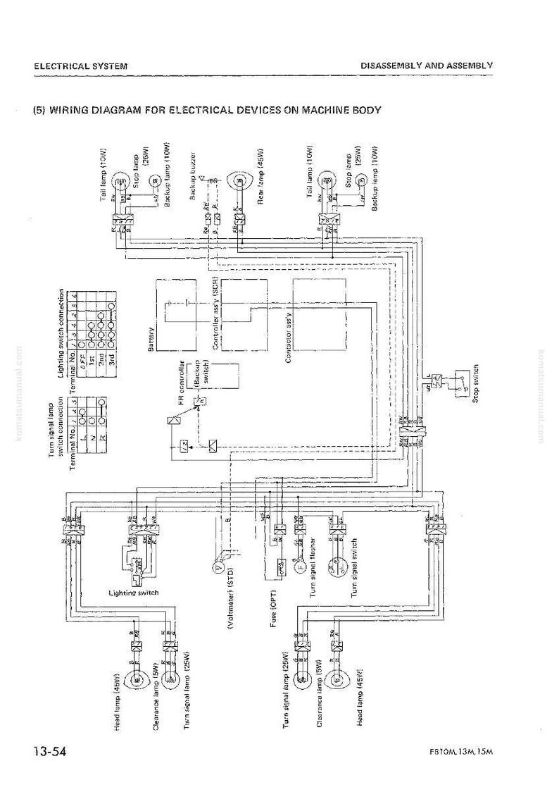 May include: A detailed wiring diagram for electrical devices on a machine body, labeled with components like tail lamps, stop lamps, and turn signal lamps. The diagram includes text such as "Electrical System" and "Disassembly and Assembly."