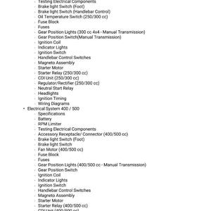 May include: A detailed list of electrical system components for a water pump, including specifications for 250/300 and 400/500 systems. The text includes items like batteries, switches, lights, and relays, useful for repair or maintenance.