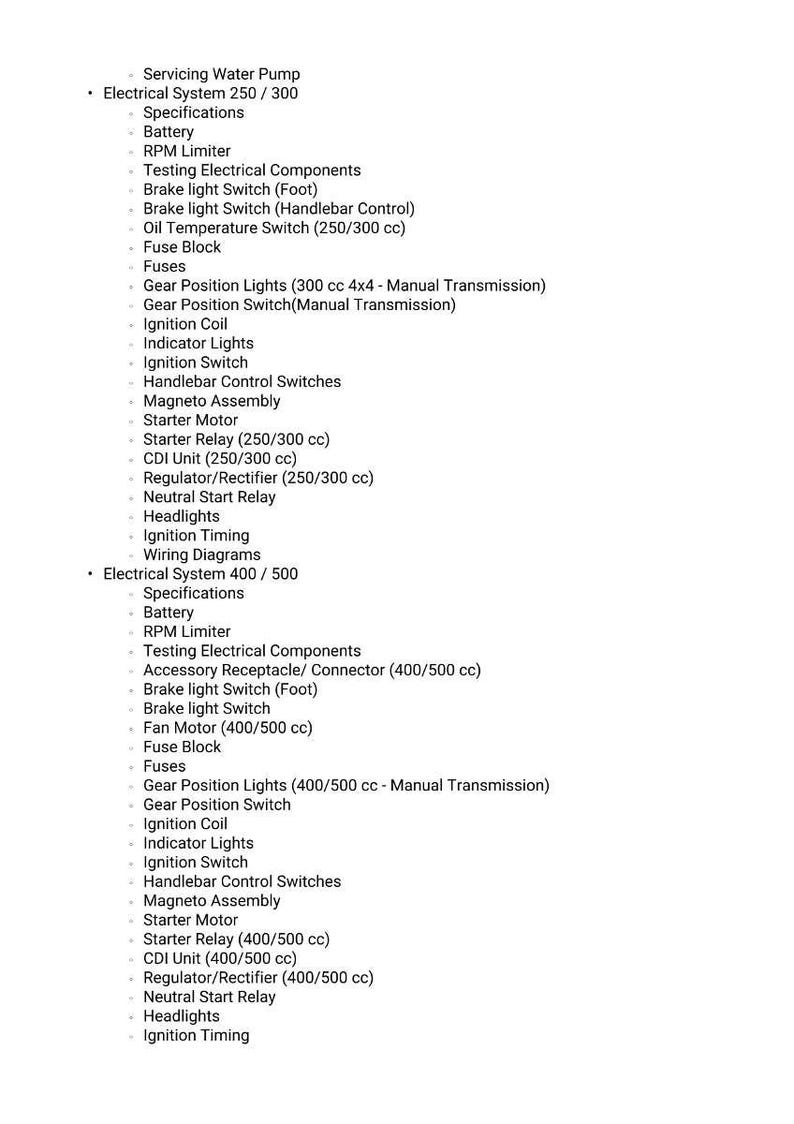 May include: A detailed list of electrical system components for a water pump, including specifications for 250/300 and 400/500 systems. The text includes items like batteries, switches, lights, and relays, useful for repair or maintenance.