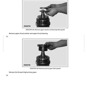 May include: Two grayscale images from a manual showing automotive parts. The first image shows a person removing a washer and bearing from a gear assembly. The second image shows a person removing a primary gear from a gear assembly. Text on the images includes "ZX025704" and "ZX025705".