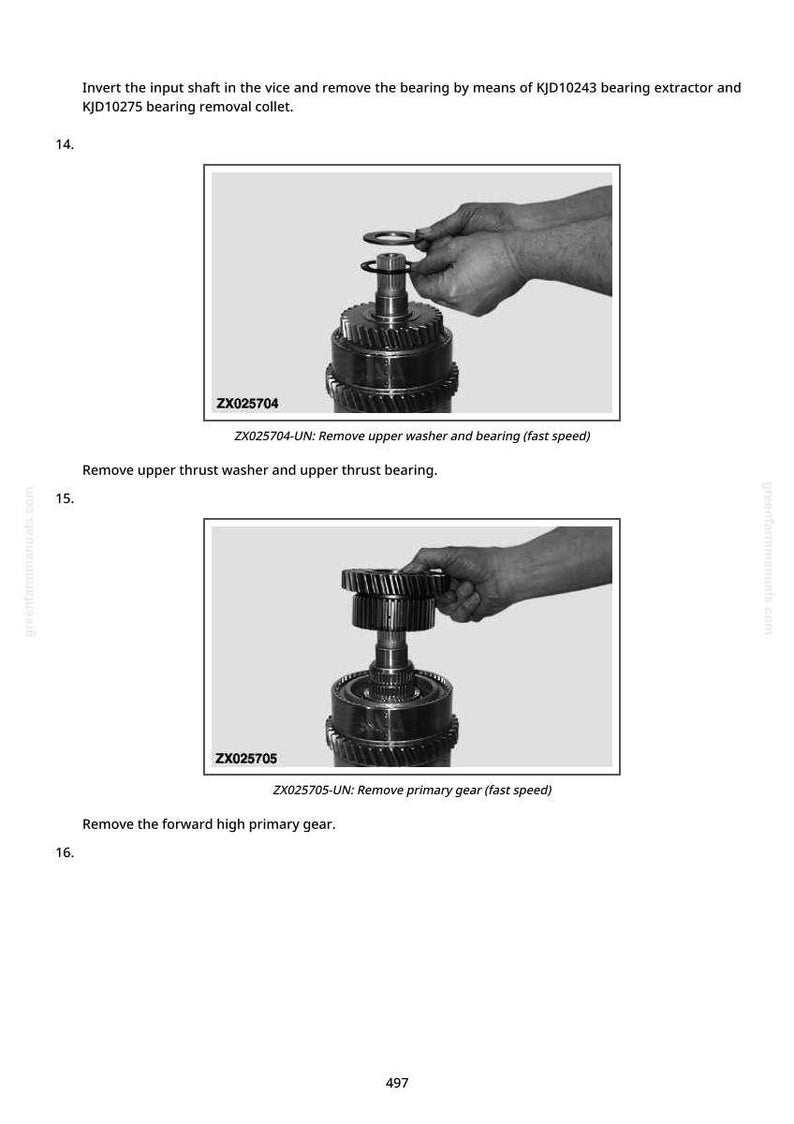 May include: Two grayscale images from a manual showing automotive parts. The first image shows a person removing a washer and bearing from a gear assembly. The second image shows a person removing a primary gear from a gear assembly. Text on the images includes "ZX025704" and "ZX025705".