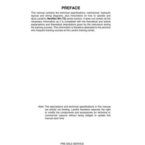 May include: A white document with the title "PREFACE" and text describing technical specifications, instructions, and diagrams for Landini's NewRex M4 (T3) series tractors. Includes a note about non-binding specifications and a pre-sale service notice.