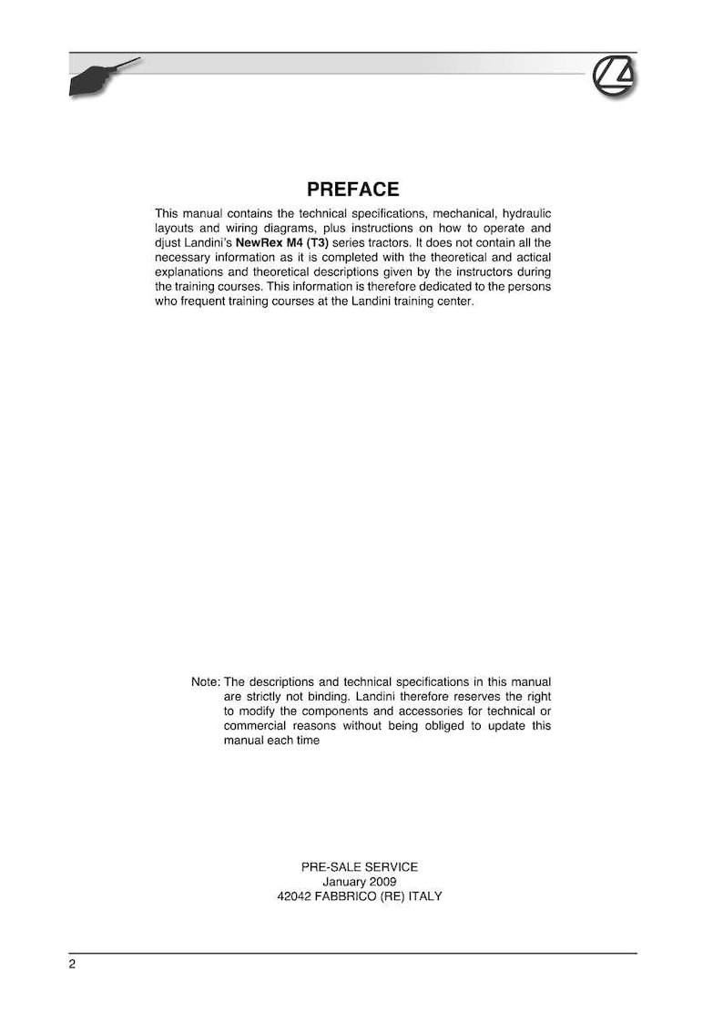 May include: A white document with the title "PREFACE" and text describing technical specifications, instructions, and diagrams for Landini's NewRex M4 (T3) series tractors. Includes a note about non-binding specifications and a pre-sale service notice.