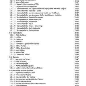 May include: A detailed contents list with numbered entries and page numbers. The document covers topics such as engine components, fuel systems, and hydraulic systems. The text is in black font on a white background.