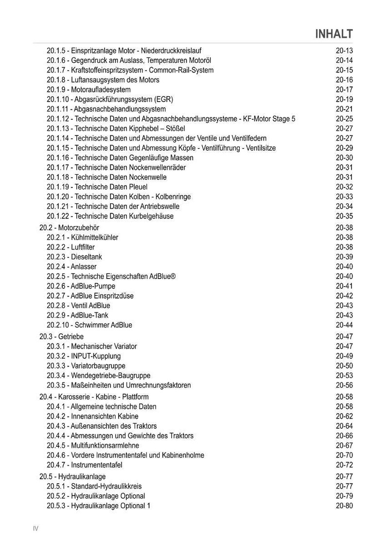 May include: A detailed contents list with numbered entries and page numbers. The document covers topics such as engine components, fuel systems, and hydraulic systems. The text is in black font on a white background.