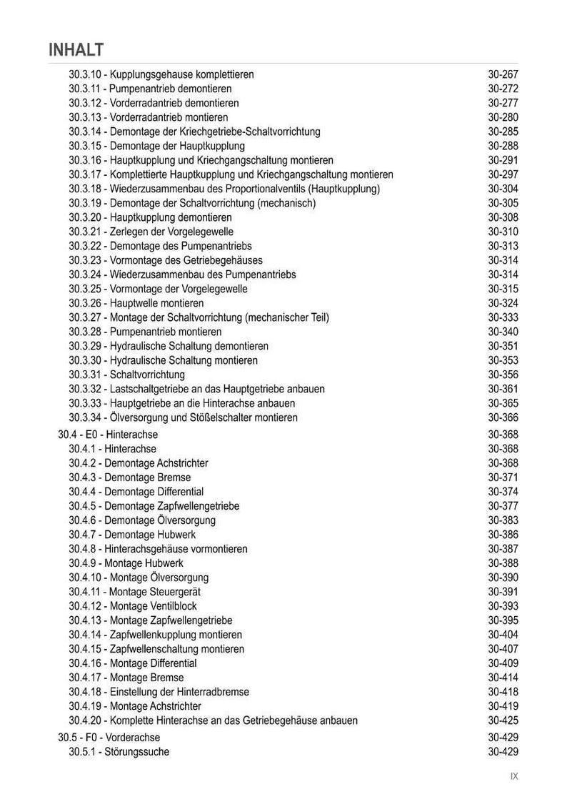 May include: A detailed table of contents in German, listing various mechanical assembly and disassembly procedures with corresponding page numbers. The document appears to be a technical manual.