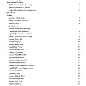 May include: A white page from a manual with a table of contents. The table lists topics such as engine repair, machine specifications, and lubricant storage. Page numbers are listed on the right.