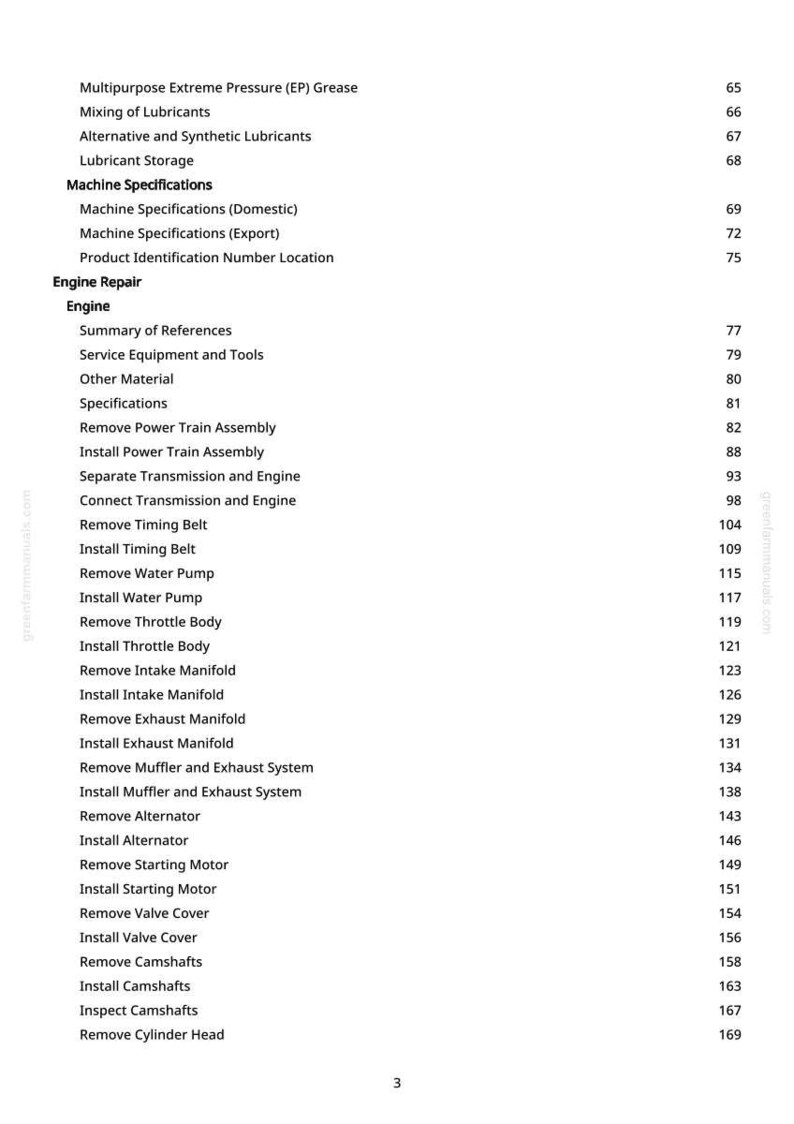 May include: A white page from a manual with a table of contents. The table lists topics such as engine repair, machine specifications, and lubricant storage. Page numbers are listed on the right.