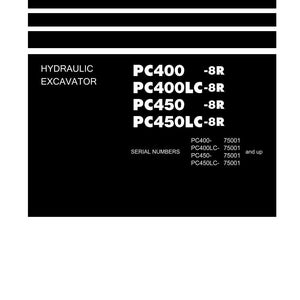 Puede incluir: Una portada de manual de taller en blanco y negro con el texto "Shop Manual" en la parte superior. El manual enumera los modelos de excavadoras hidr&aacute;ulicas PC400, PC400LC, PC450 y PC450LC. Tambi&eacute;n se enumeran los n&uacute;meros de serie.