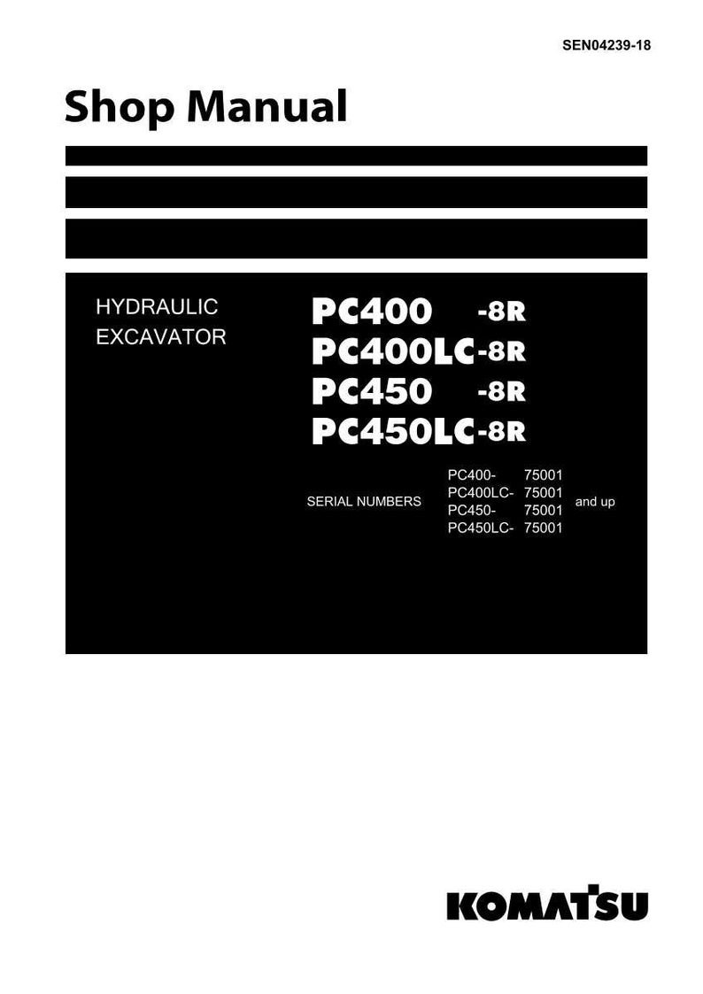 Puede incluir: Una portada de manual de taller en blanco y negro con el texto "Shop Manual" en la parte superior. El manual enumera los modelos de excavadoras hidr&aacute;ulicas PC400, PC400LC, PC450 y PC450LC. Tambi&eacute;n se enumeran los n&uacute;meros de serie.