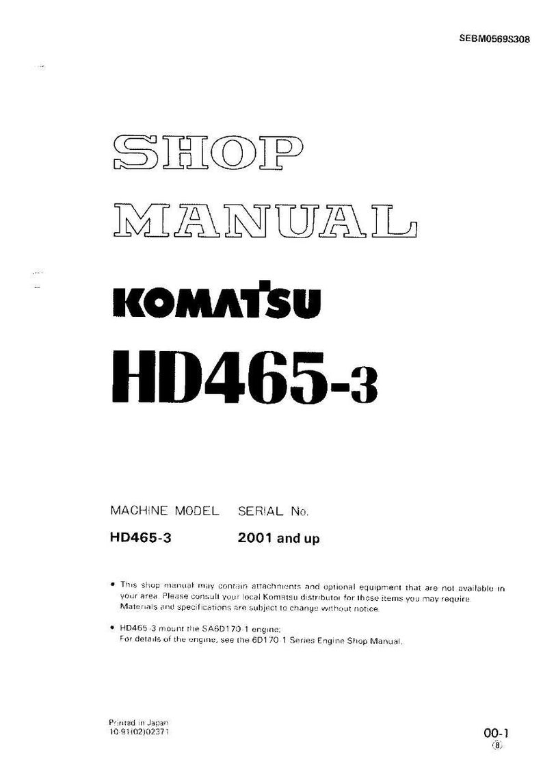May include: A white shop manual for a Komatsu HD465-3 machine. The cover features the text "SHOP MANUAL" in a bold, outlined font, along with the Komatsu logo and model number. The serial number is 2001 and up.