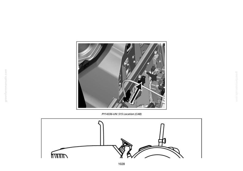 May include: Diagram of a tractor with a detailed view of a component labeled "PY14336-UN: S15 Location (CAB)". The image is in black and white, showing the tractor's outline and the location of a specific part.