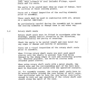 May include: A page from a manual detailing shaped seals and rotary shaft seals. The text describes the use, inspection, and installation of these seals, including O-rings and lip seals. The document is in black text on a white background.