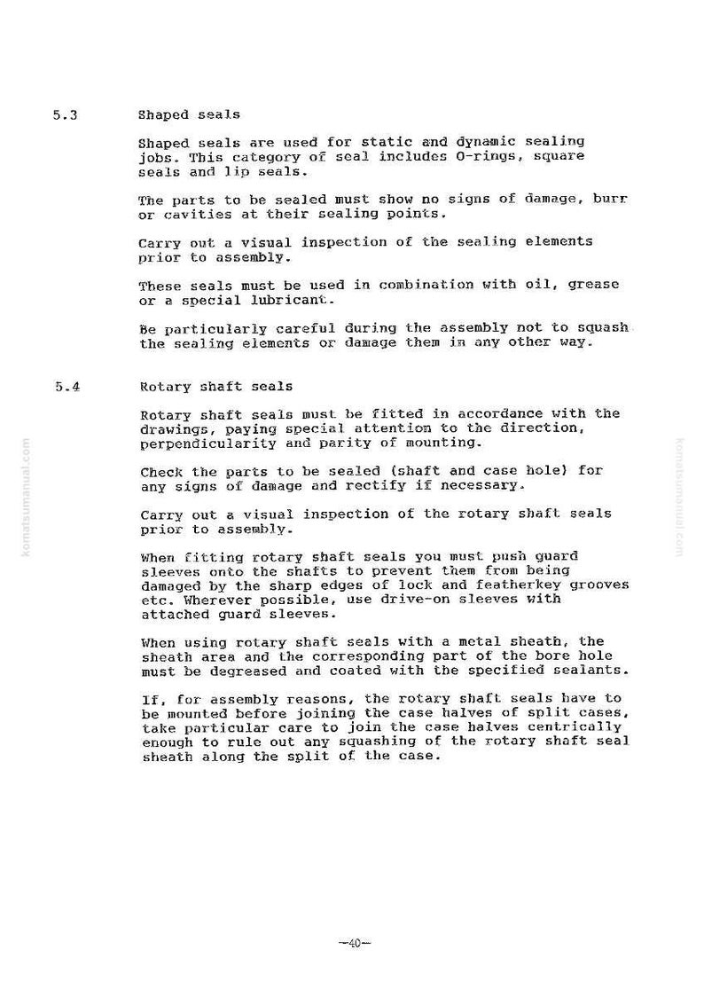 May include: A page from a manual detailing shaped seals and rotary shaft seals. The text describes the use, inspection, and installation of these seals, including O-rings and lip seals. The document is in black text on a white background.